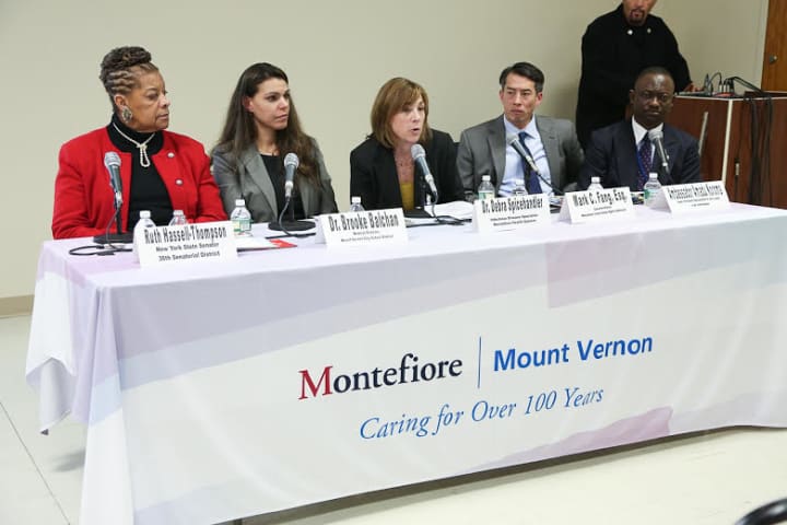 Sen. Ruth Hassell-Thompson; Dr. Brooke Balchan, medical director, Mount Vernon City School District; Dr. Debra Spicehandler, infectious disease specialist, Mark Fang, executive director Westchester Human Rights Commission; Ambassador Amadu Koroma.