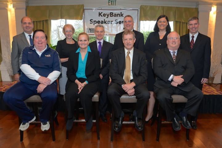 Business executives from Business Council of Westchester, Walt Fowler of News 12 and NCAA basketball coaches gather for the Keybank speaker series. 