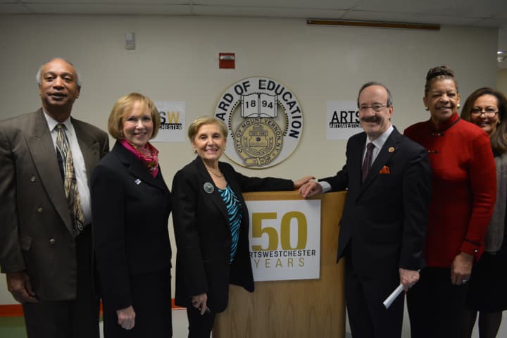 From left, State Assemblyman Gary Pretlow, United Way Westchester/Putnam CEO Alan Sweeney, ArtsWestchester CEO Janet Langsam, Us. Rep. Eliot Engel, State Sen. Ruth Hassell-Thompson and Grimes Elementary School Principal Frances Ann Lightsy.