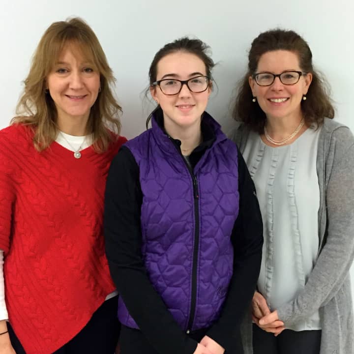 John Jay High School 2015 Intel Science Talent Search semifinalist Tess Woerner Tobin, center, with her science research teachers Jodi Riordan, left, and Anne Marie Lipinsky.
