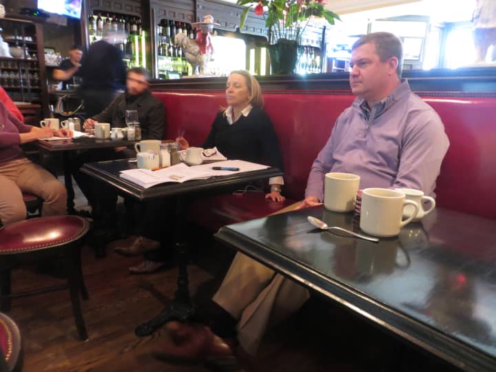 Rye Mayor Joe Sack, right, and Councilwoman Julie Killian fielded citizens&#x27; questions over coffee.