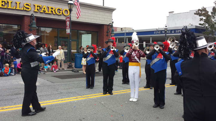 Joe Mazzullo, left, led the Westchester Brassmen Drum &amp; Bugle Corps during a previous Columbus Day Parade in Harrison. The annual downtown parade coincides with &quot;It&#x27;s Great to Live in Harrison Day.&quot;
