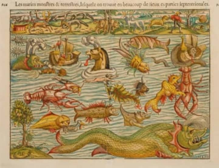Sebastian Münster, Marine and Land Monsters (Basel, 1552), is part of the exhibit.
