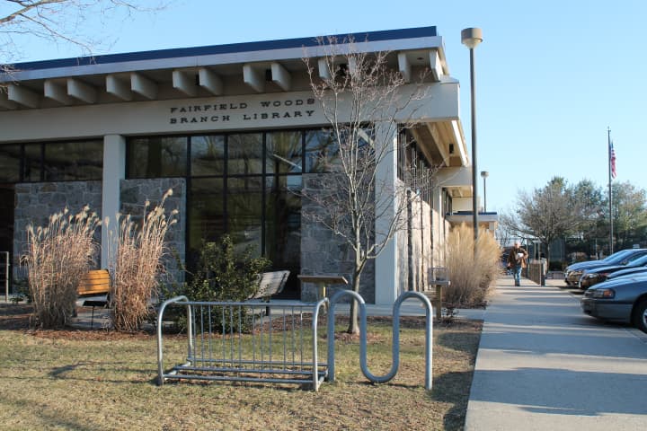 Bicycles purchased for use in the Health Department&#x27;s bike-sharing program would be chained to this bike rack located on the front end of the Fairfield Woods Branch Library.
