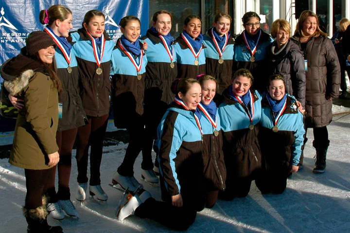 The Shadows of the Southern Connecticut Synchronized Skating team won a bronze medal in the Open Juvenile competition at the Eastern Championships last weekend. The team is based in Stamford. See story for IDs.