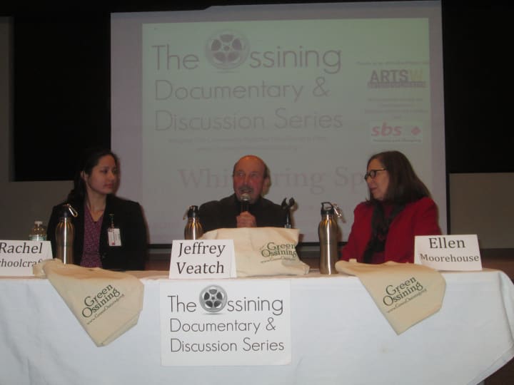 Rachel Schoolcraft, Jeffrey Veatch and Ellen Morehouse discuss drug use at the Ossining library. 
