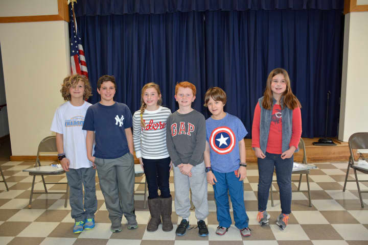 Darien&#x27;s Holmes Elementary School Geography Bee contestants, from left to right: Wyatt Marcous, Daniel MacLehose, Anna Burgess, Griffin Cassady, George Biolsi and Bell McCleary. 