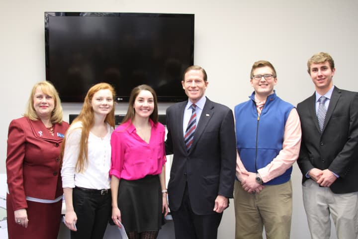 U.S. Sen. Richard Bluementhal with students from St. Josephs High School in Trumbull. Pictured from left; Alexandra Quatrella of Trumbull; Jaqueline Marconi of Monroel; Konrad Piszczatowski of Stratford; and Andrew Walsh of Fairfield.