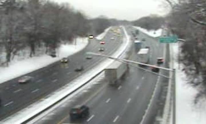 A look at conditions on I-95 on the border of Port Chester and Greenwich, Conn., just before 10 a.m. Friday.