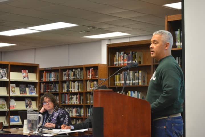 Goldens Bridge resident and Iraq War veteran Christopher Rust speaks during public comment on the proposal at a January meeting of the Katonah-Lewisboro Board of Education. 