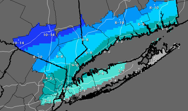 Projected snowfall totals provided by the National Weather Service.
