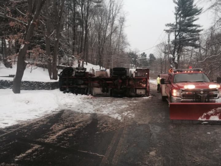 An overturned heating-oil truck in Bedford Hills.