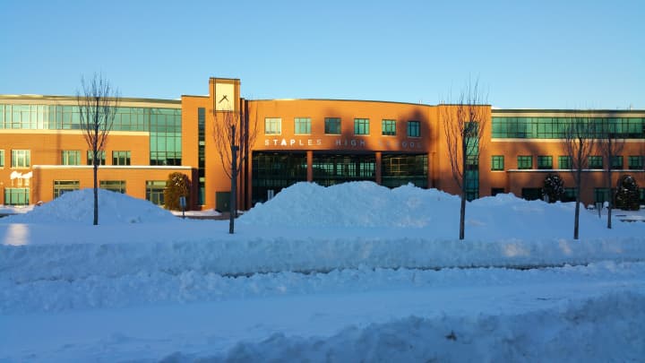 Views of Staples High School in Westport were still buried under mounds of plowed snow, Tuesday, Feb. 3.
