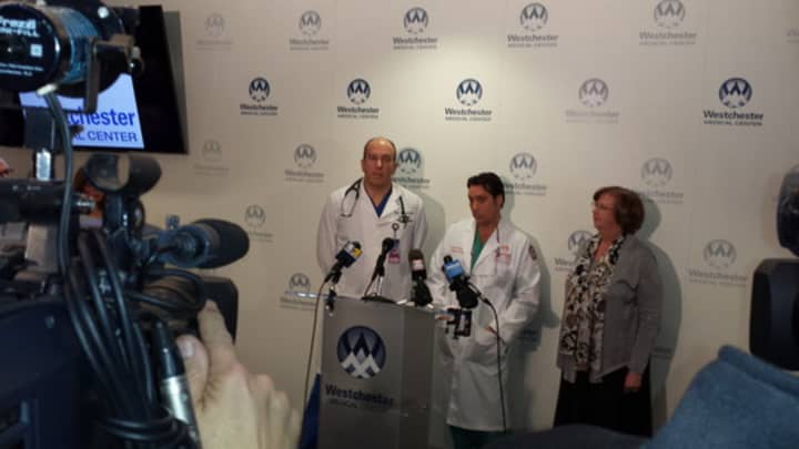 Westchester Medical Center officials, from left, Dr. Ivan Miller, Dr. Joseph Turkowski and nurse Patricia Wrobbel, address the media Wednesday. 