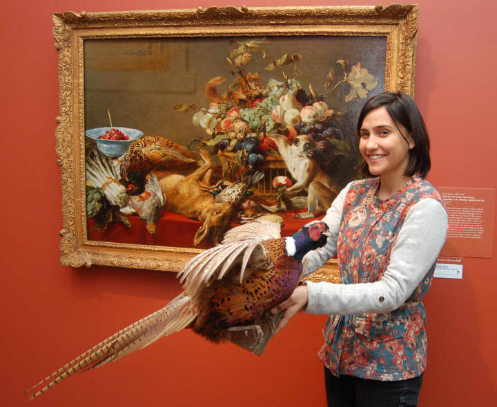 Tara Contractor holds a ring-necked pheasant, one of the animals that families can search for among the paintings featured in the Bruce Museum&#x27;s ARTventure program on Feb. 22.