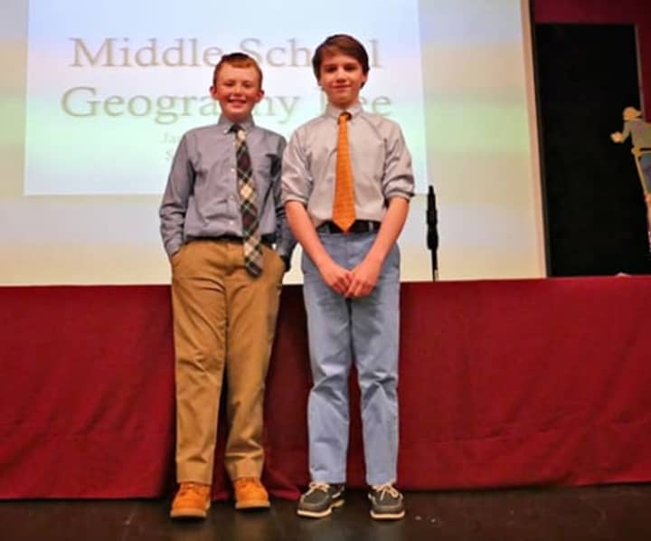 Jackson Hart, right, won first place and Finn Regan finished second in a Geography Bee at St. Luke&#x27;s Middle School.