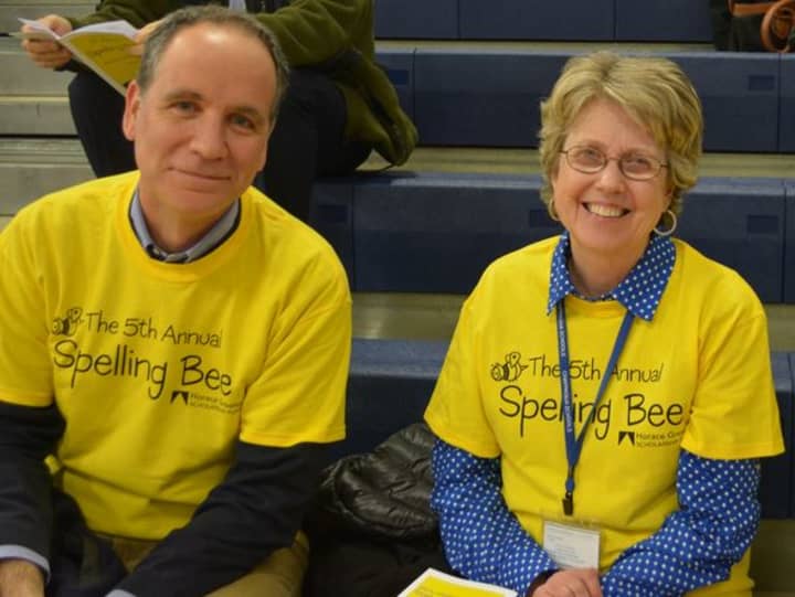 Left to right: Andrew Selesnick and Lyn McKay at the annual Spelling Bee at Chappaqua&#x27;s Horace Greeley High School. The event was held in November 2014.
