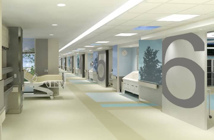 A view from the hallway showing the automated sliding doors into each of the NWH operating rooms, currently being built.