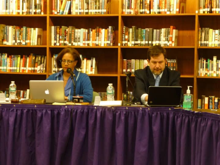 The New Rochelle Board of Education deliberates during the latest board meeting on Thursday. 