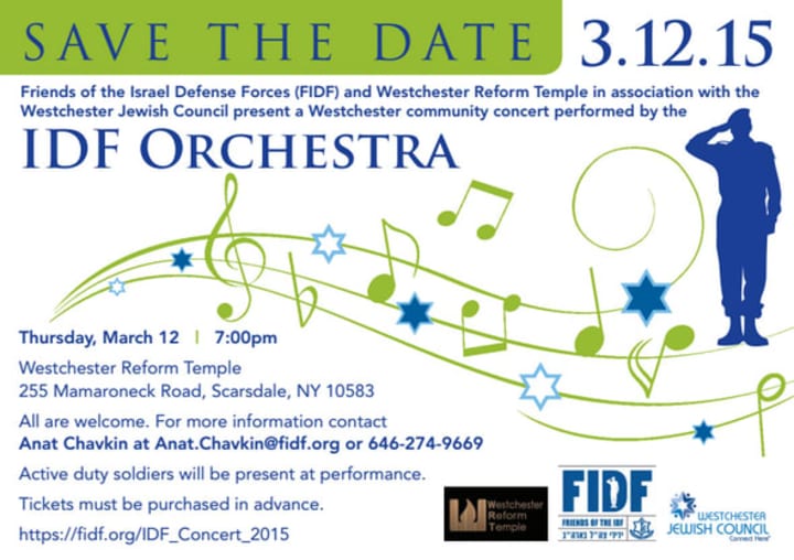 The IDF Orchestra will hold a concert at 7p.m. on Thursday, March 12 at the Westchester Reform Temple, 255 Mamaroneck Road in Scarsdale.