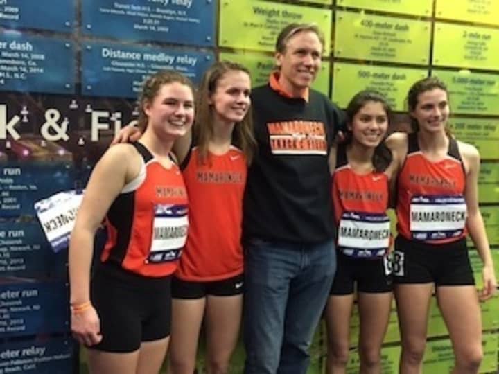 Mamaroneck&#x27;s victorious 4x800 relay team with Tigers&#x27; track coach Bob Morrissey.