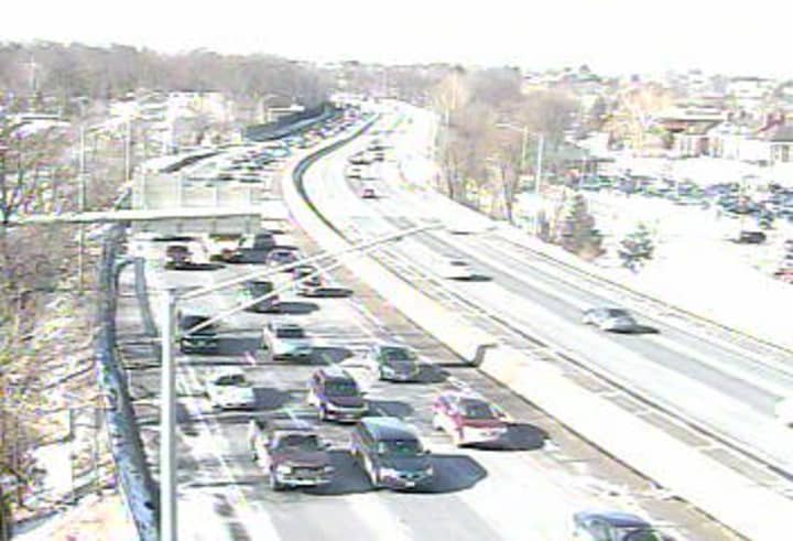 Northbound I-95 near Exit 3 for Arch Street in Greenwich is moving but slow on Wednesday morning. 