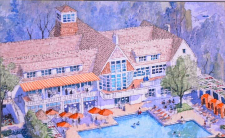 A photo of a rendering showing a rebuilt clubhouse for Brynwood&#x27;s proposal in Armonk.