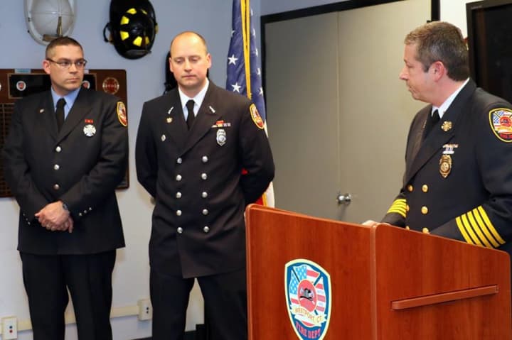 From left, Lt. Jeffrey Gootman, Assistant Chief Brian Meadows and Chief Andrew Kingsbury at the ceremony.