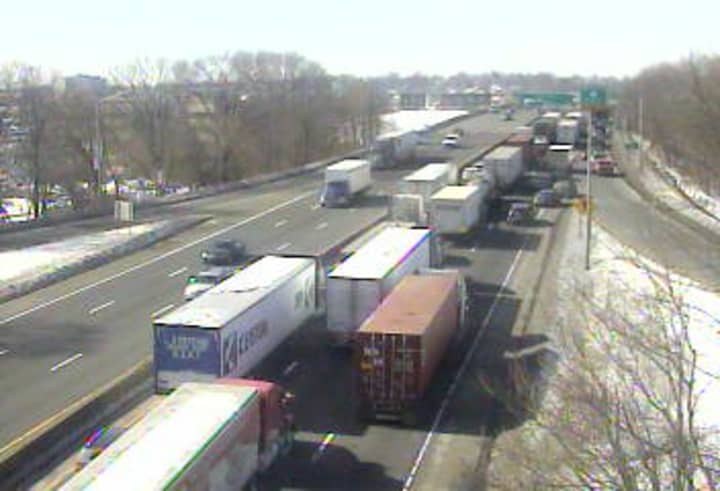 Traffic is jammed on southbound I-95 in Norwalk at Exit 16 for East Avenue.