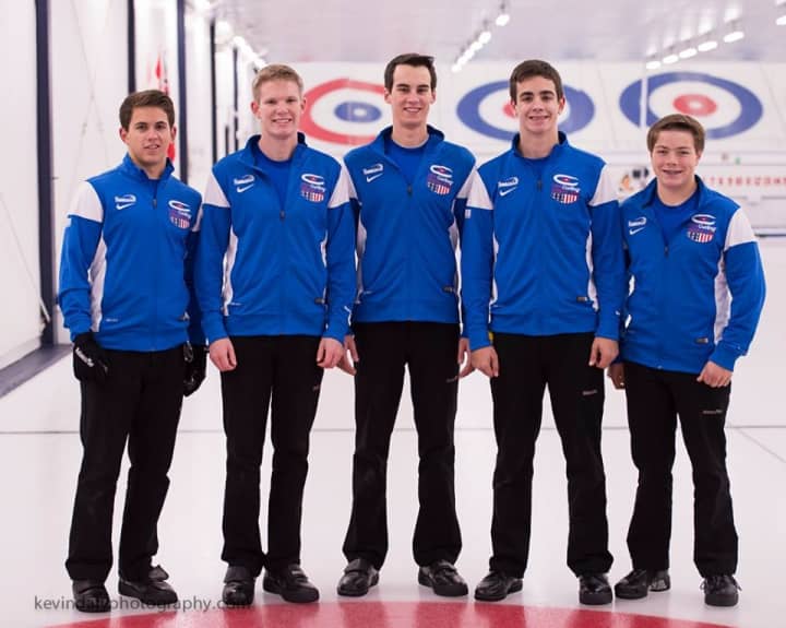 Andrew Stopera (second from right), with his curling team, Team Dropkin.