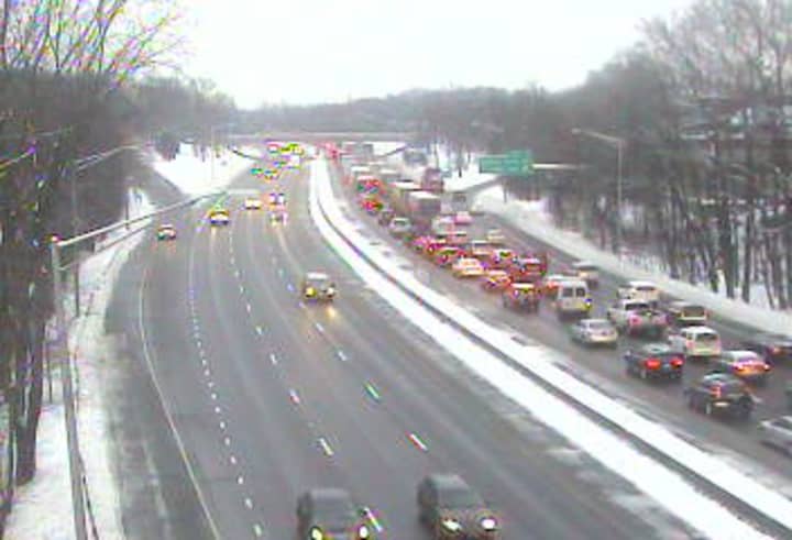 I-95 north is jammed near Davis Drive in Greenwich on Monday morning. 