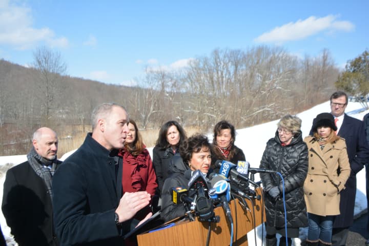 Rep. Sean Patrick Maloney speaks at a train-crossing safety press conference in Chappaqua.