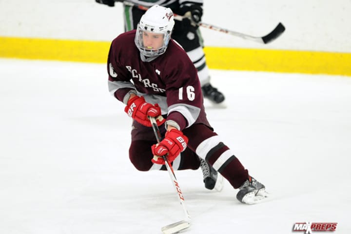 James Nicholas scored a goal for Scarsdale in its 4-3 win over Suffern Monday in the Section 1 ice hockey championship game.