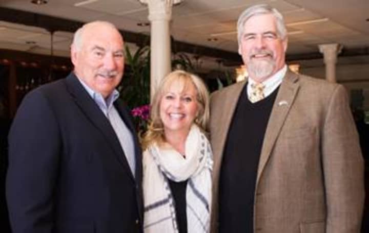 Mount Kisco Mayor J. Michael Cindrich; Leslie Lampert, owner, Café of Love; and Brian Skanes, executive director, Boys &amp; Girls Club of Northern Westchester at the Humanitarian Award Dinner Committee kickoff breakfast Tuesday, Feb. 24 at Café of Love.