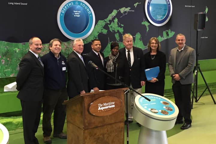 Officials from the city of Norwalk, Norwalk Public Schools and the Maritime Aquarium announce the launch of the Mayor&#x27;s Student Engineering and Science Program this summer at the aquarium.