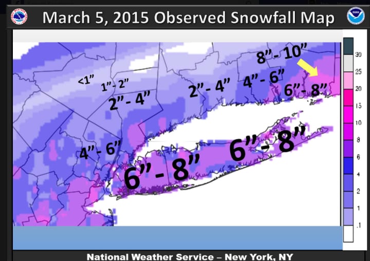 A map showing snowfall totals from the third winter storm of this week, which wrapped up late Thursday.