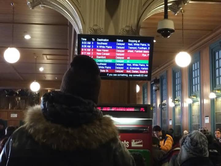 The screen says it all -- every Metro-North train is delayed. 