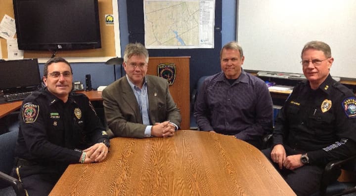 State Rep. John Shaban meets with Easton Police Chief James Candee, Weston Plice Chief John Troxell and Redding Police Chief Doug Fuchs.