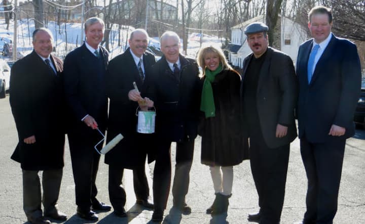Pictured left to right: Supervisor Colavita, Jim Coleman, Gerry Houlihan, Joe Houlihan, Patricia Houliha, John Collins and Brendan Lynch at the ceremonial painting of the &quot;Green Line.&quot;