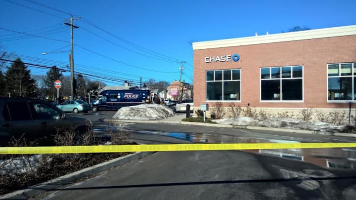 Police tape is up at the Chase Bank branch in Cos Cob after an attempted robbery on Monday. 