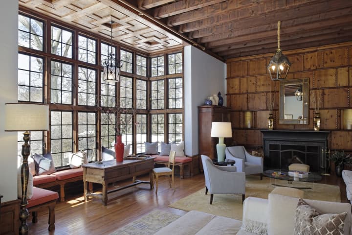 The living room at the former Larchmont home of Art Deco sculptor C. Paul Jennewein.