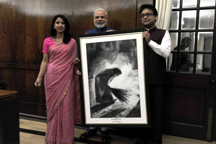 Scarsdale artist Shreya Mehta presented Indian Prime Minister Narendra Modi with &quot;The Sweeper&quot; as part of her trip to the Indian Parliament. 