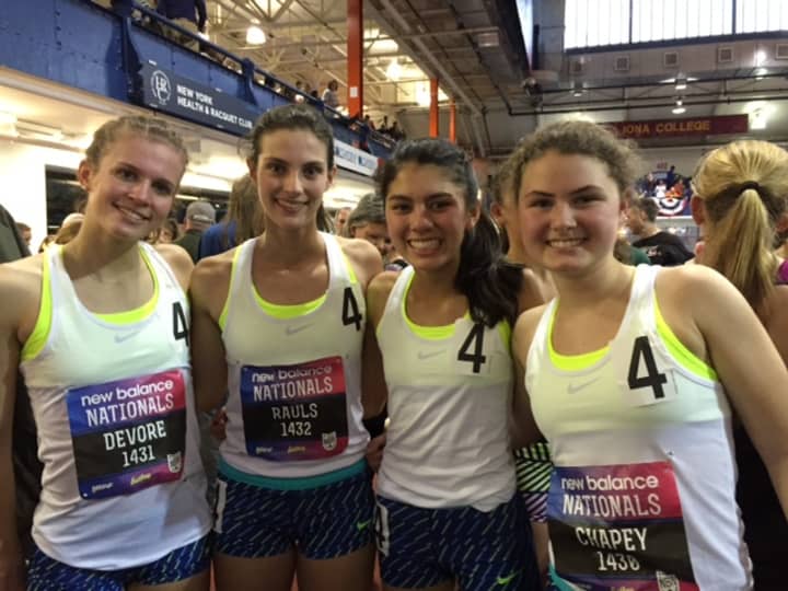Taking home bronze medals and All-America status at Saturday&#x27;s New Balance Nationals in the 4x800 relay were, from left, Katie DeVore, Shari Rauls, Lauren Shpiz and Lauren Chapey, 
