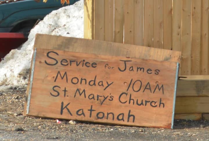 Signage placed outside of Jame O&#x27;Connor&#x27;s auto-repair shop in South Salem gives details for his funeral in Katonah.