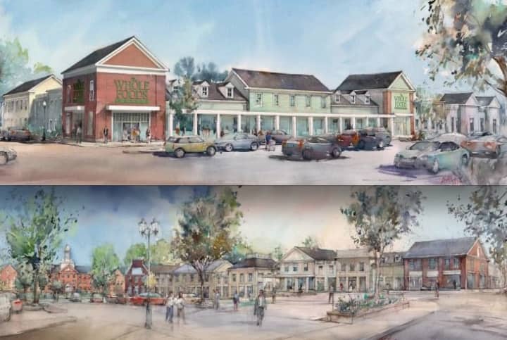 A pair of renderings showing the proposed Whole Foods, top, and retail shops for Chappaqua Crossing, bottom.