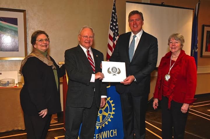 From left, Greenwich Rotary Club members Linda Baulsir and Dieter Blennemann, Heart Care International Founder and CEO Dr. Robert Michler of Riverside, and Rotary Club President Sally Parris.