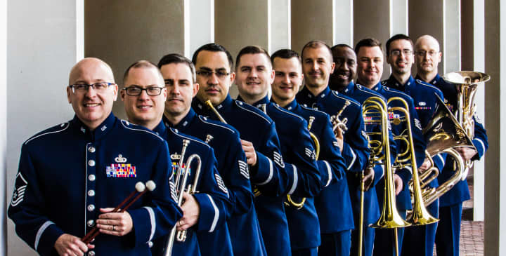 The U.S. Air Force Heritage Brass Band is made up of 10 brass players and a percussionist.