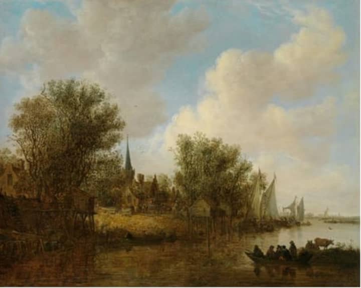A River Landscape with a Parish Church by Jan van Goyen dates to 1651. It is part of the Northern Baroque Splendor exhibit at the Bruce Museum in Greenwich. 
