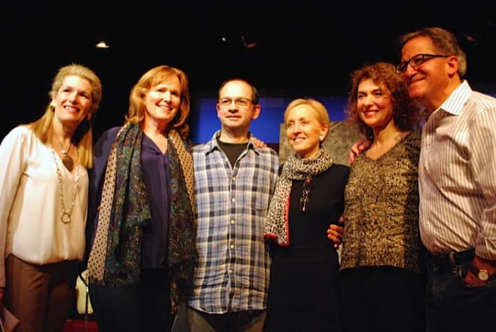 Abbie Van Nostrand, moderator and DAC board member , left, with cast members of the 2014 fall production by DAC Stage and Maud Purcell,  center.