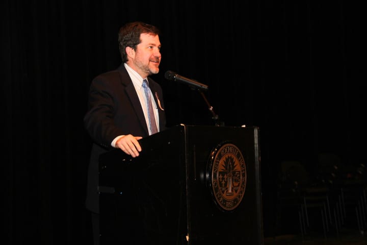 New Rochelle Superintendent of Schools Brian Osborne addresses students at the Transition Fair. 